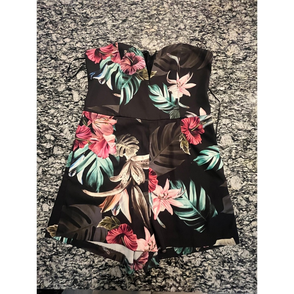 Guess Los Angeles Tropical Floral Strapless Romper Black Pink Green XS
